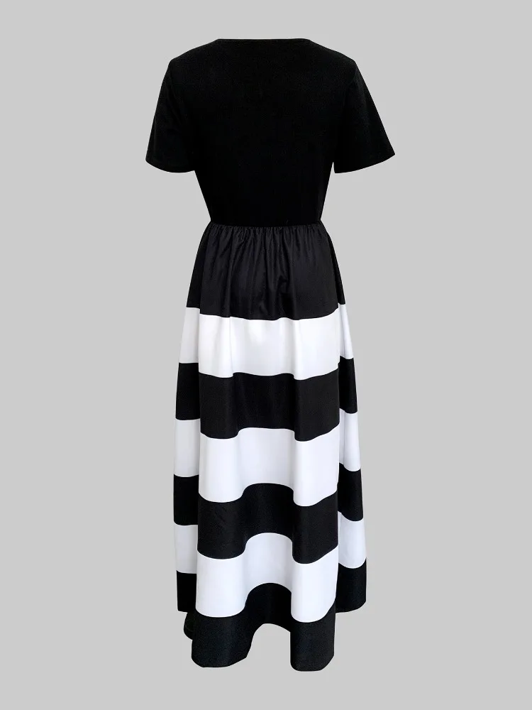 الاتجاه المرأة ألف خط فستان ماكسي عالية الخصر فساتين الحفلات التباين اللون مطوي جيب عادية شاطئ عطلة ضيف فستان أنيق