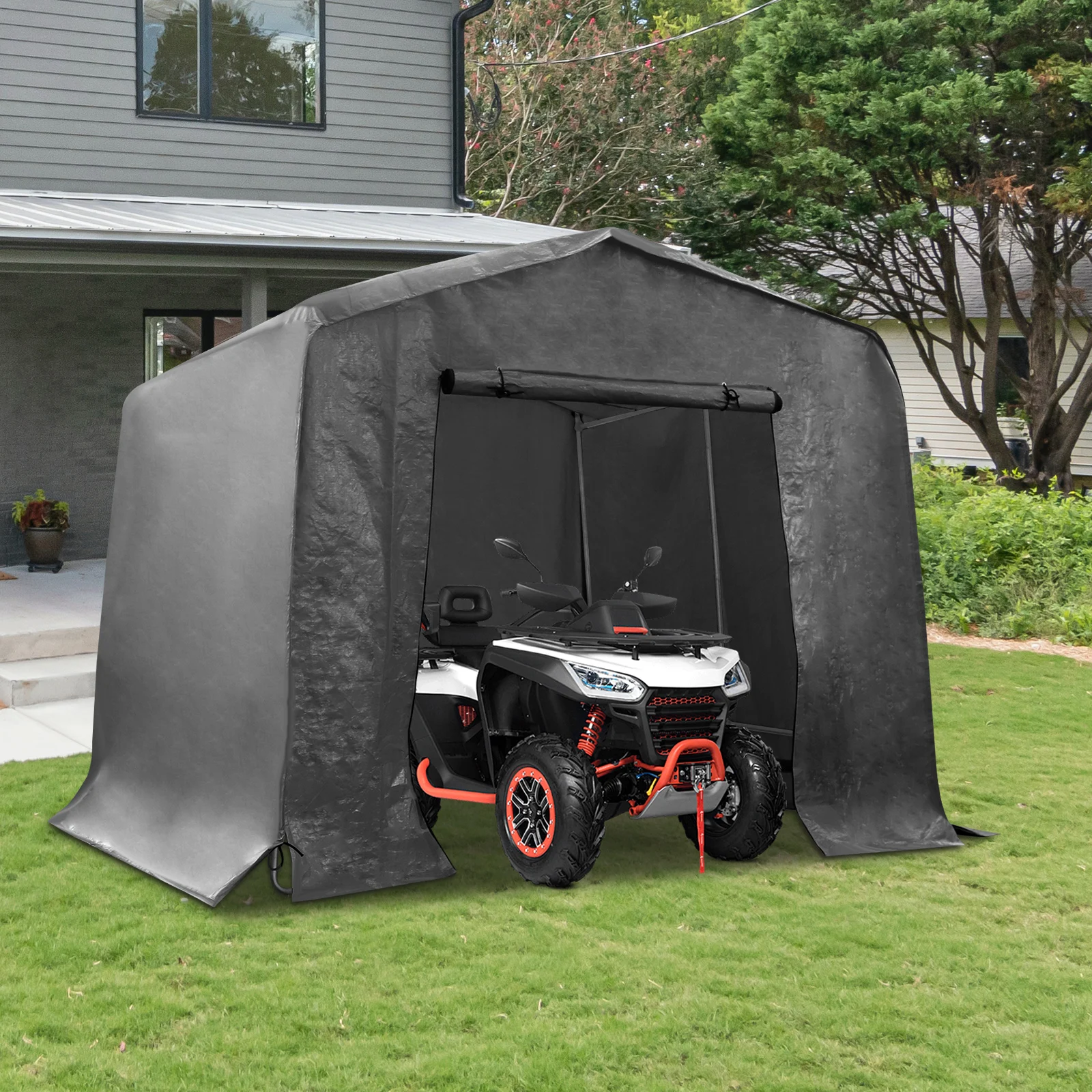 

3*1.8*1.8m Black Motorcycle Outdoor Storage Shed Free Standing Carport with Roll-up Door Peak Roof Metal PE
