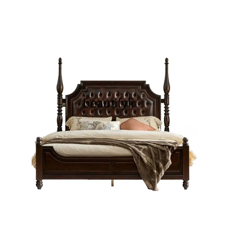 

American Light Luxury Full Solid Wood Bed Master Bedroom Elegant European Retro Soft Cushion Storage Marriage Bed Double B
