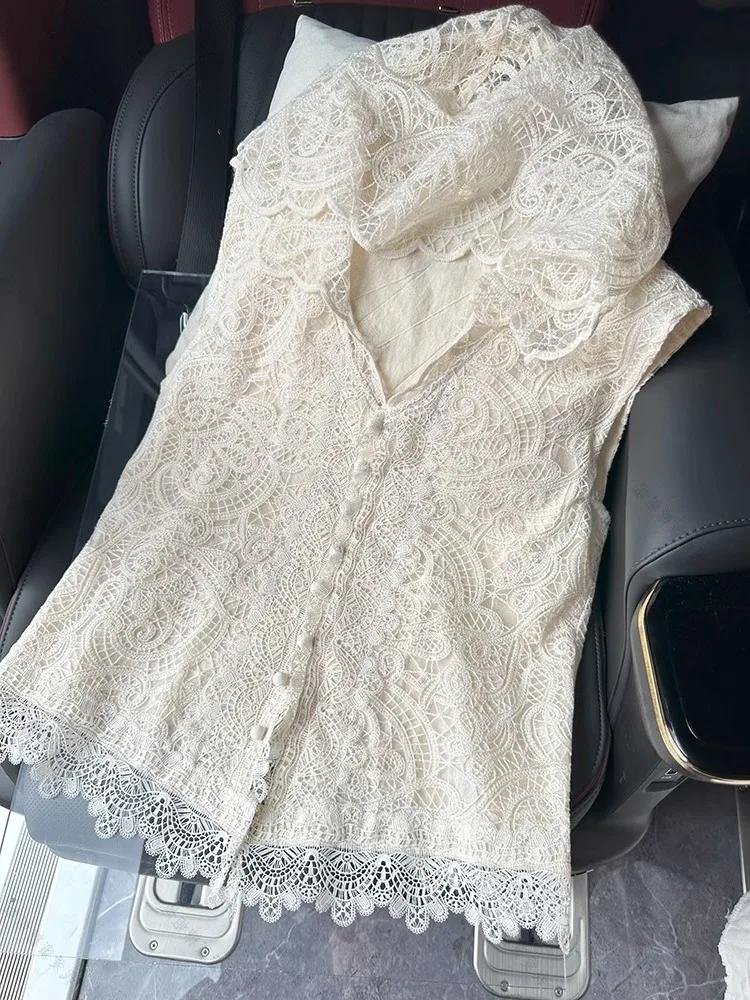 여성용 슬리 레이스 트림 후디 탑 여름용 루즈핏 슬림 트렌디 홀로우 아웃 체스트넛 컬러 빠른 고품질 소재