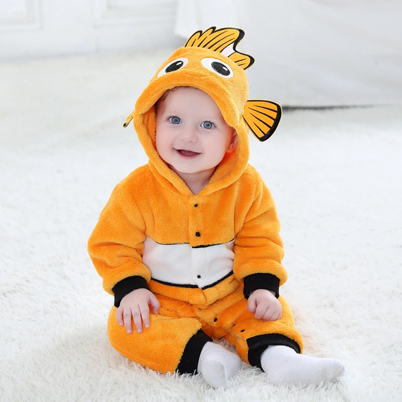 Costume de Cosplay Kigurumis Nemo pour bébé, barboteuse d'animal de dessin animé, combinaison en flanelle fantaisie pour Halloween, pour garçons et filles