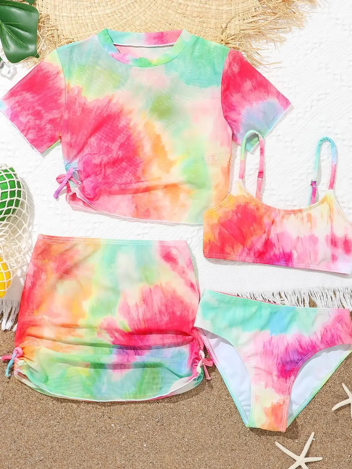 

Комплект бикини из 4 предметов, топ и юбка, купальник для девочек 2025 года, детский купальник, детский купальный костюм для женщин и детей, купальный костюм, пляжная одежда