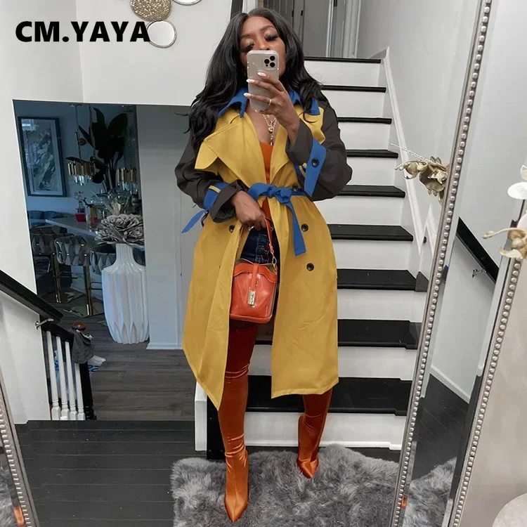 CM.YAYA Elegant Classic Women Patchwork Notched Neck Double Breasted Long Sleeve Trench Autumn Winter Long Outcoats