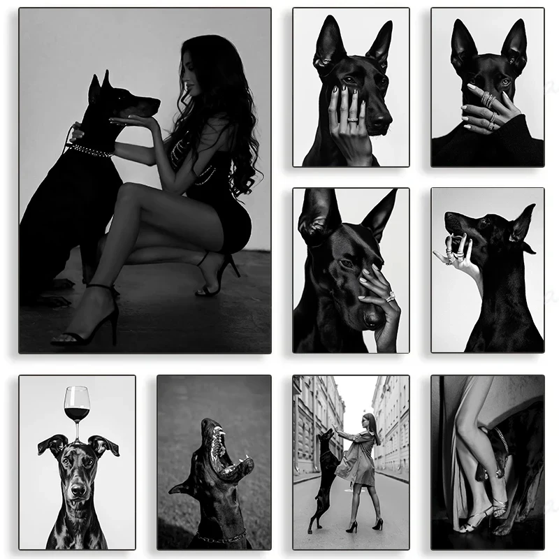 Luxury Fashion Doberman Sexy Woman Black White Posters and Prints Canvas Printing Wall Art Picture for Living Room Home 