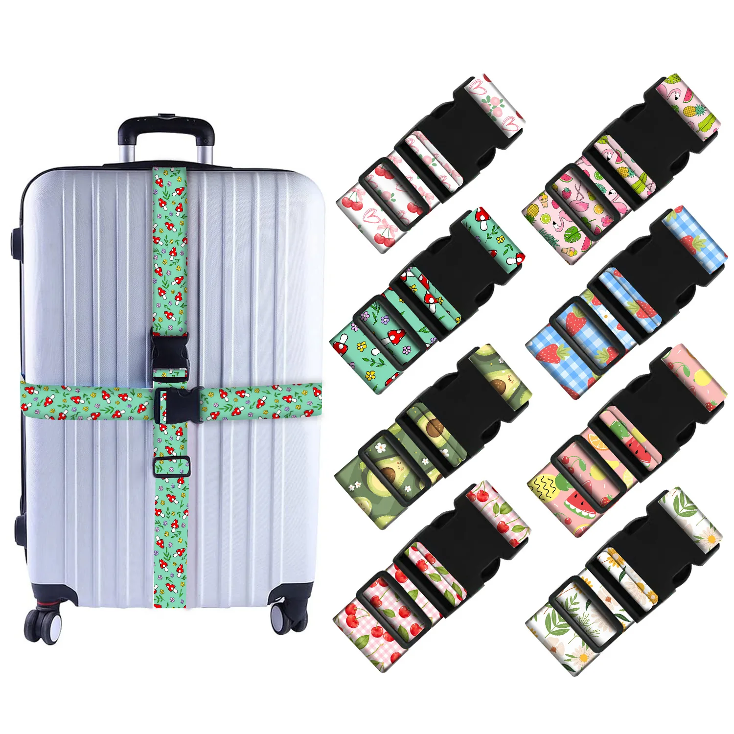 Luggage Strap Avocado Strawberry Fruit Print Luggage Buckle Cross Strap Adjustable Suitcase Protection Rope Travel Accessories