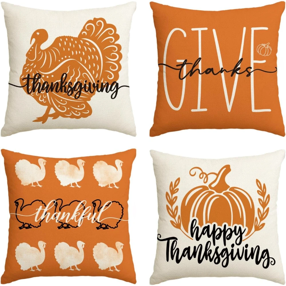 Turkey Pumpkin Throw Pillow Covers, 18 x 18 Inch Thankful Cushion Case for Sofa Couch Set of 4