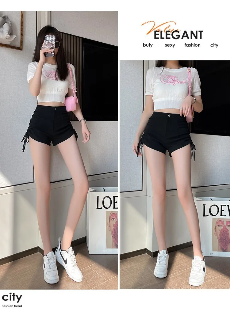 2026 Neue Frühjahr-Herbst Damen Schwarze Casual-Shorts mit seitlichem Kordelzug-Design, petite-freundlich, schlankmachend, schmeichelhaft, Outdoor-Streetwear-Shorts – Detail 2