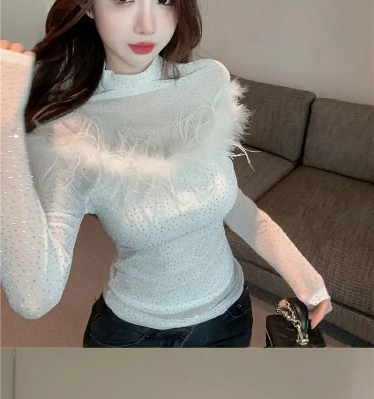 2024 Early Spring New French High Neck Mesh Spliced Feather Design Knitted T-shirt Women\'s Top  women t shirt