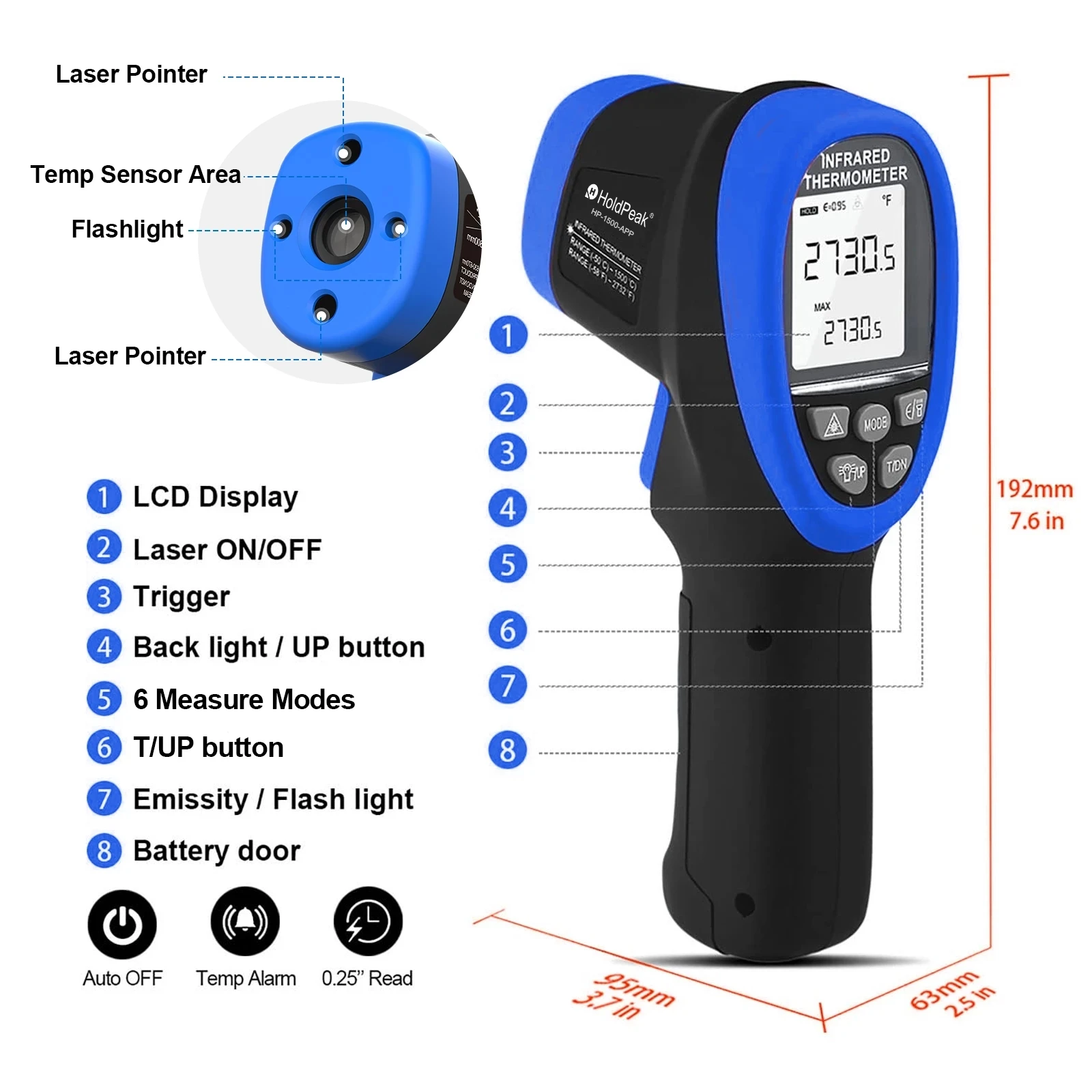 Digital Infrared Thermometer With Bluetooth APP Data Hold HoldPeak HP-1500-APP -50~1500℃ DS 30:1,Non Contact Temperature Meter