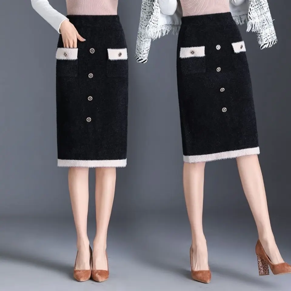 Saia midi de malha de pele de vison espessada nova saia com envoltório de quadril feminino cintura alta comprimento médio na altura do joelho saia de malha na moda