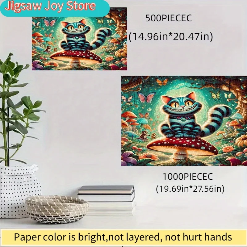 

500/Disney Puzzle, DIY Paper Puzzle, Fantasy Forest Cheshire Cat Mushroom Scene, Exquisite Gift Box, Thick White Card Materia