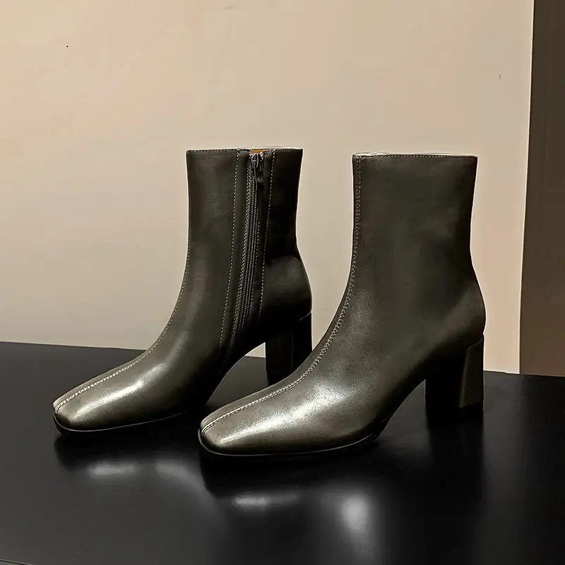 TOTOMELA Plus Size 34-42 New 2024 Genuine Leather Boots Square Toe High Heels Ankle Boots Autumn Winter Office Dress Shoes