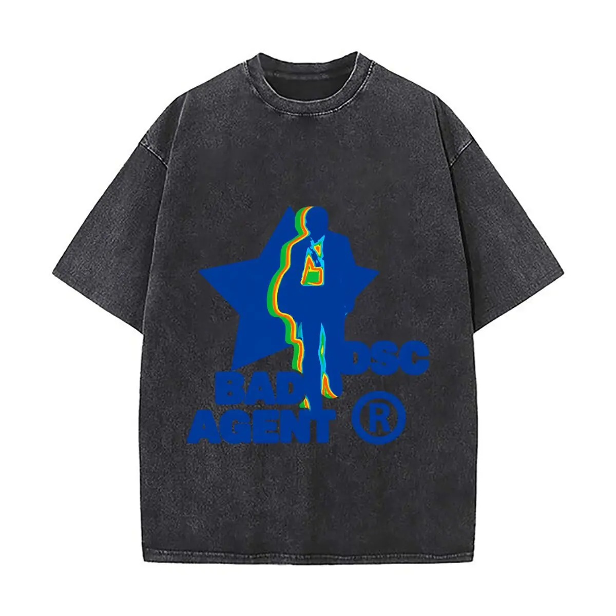 Bad PSC Agent Rainbow Silhouette Graphic Washed Short Sleeve Loose Streetwear Tee Hip Hop