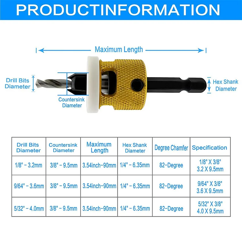 3Pcs Countersink Drill Bit Set, HSS M2 Tapered Bits #10#12#14, 3/8" Dia X (1/8'', 9/64'', 5/32'') Drill, Carbide Tipped 82°