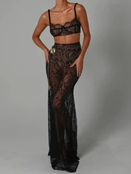 Mozision-Conjunto de dos piezas de encaje transparente para mujer, Top corto y falda Maxi, elegante, Sexy, para fiesta y playa