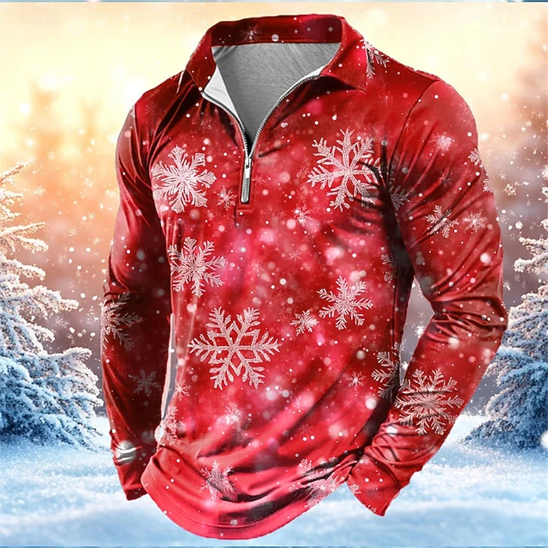 

Рождественский сезон, мужская рубашка поло с 3D принтом снежинки на молнии, повседневная удобная дышащая рубашка с длинными рукавами, топ для вечеринок на открытом воздухе