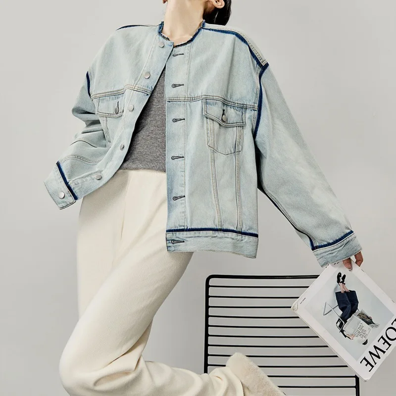American retro blue collarless burr denim jacket women's 2025 autumn new design loose long-sleeved top