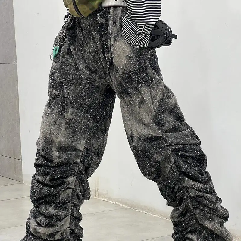 MWJLPWQ رمادي التعادل صبغ تصميم الجينز الرجال شارع العليا المتخصصة خمر فضفاض واسعة الساق عادية تنوعا للجنسين السراويل الطويلة جديد 010964