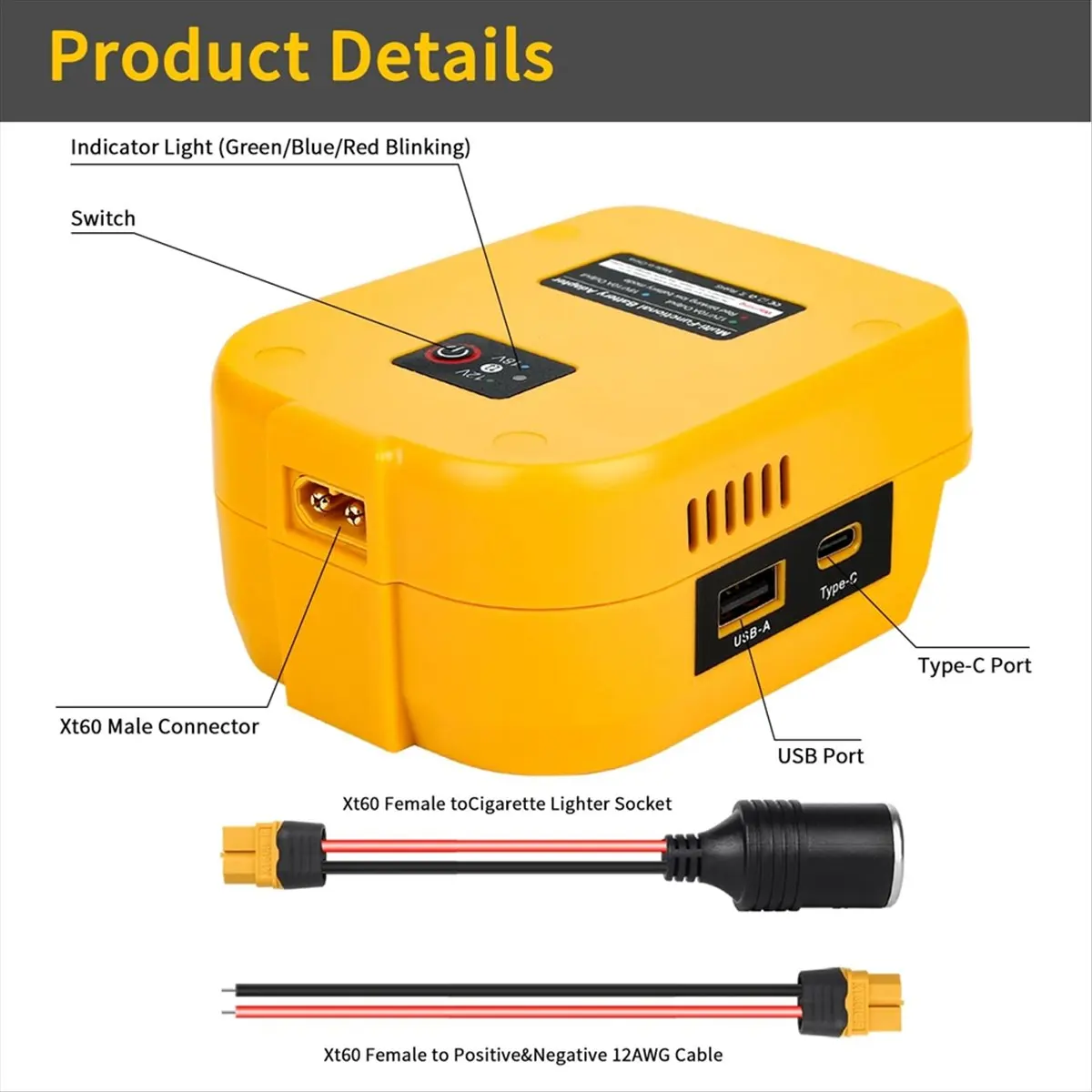 ABKM Battery Adapter with USB/Type-C/XT60 Port, 18V to 12V Step Down Converter for DeWalt 20V Battery for Power Wheels RC Car