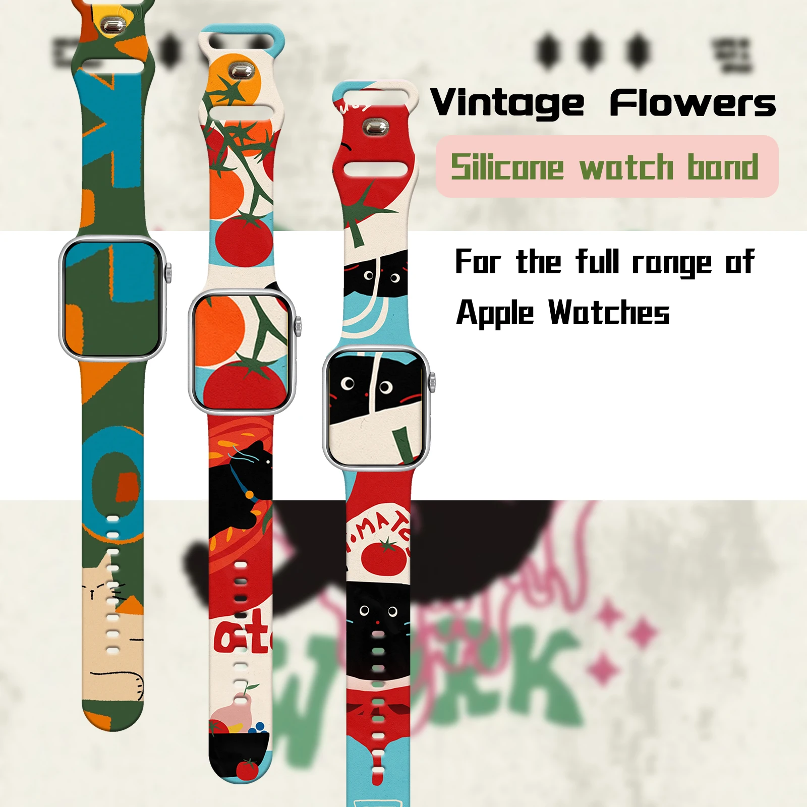 Retro Kitten Print Silicone Band for Apple Watch Series 10/9/8/7/SE, Cute Cat Design Replacement Strap 45mm 44mm 42mm