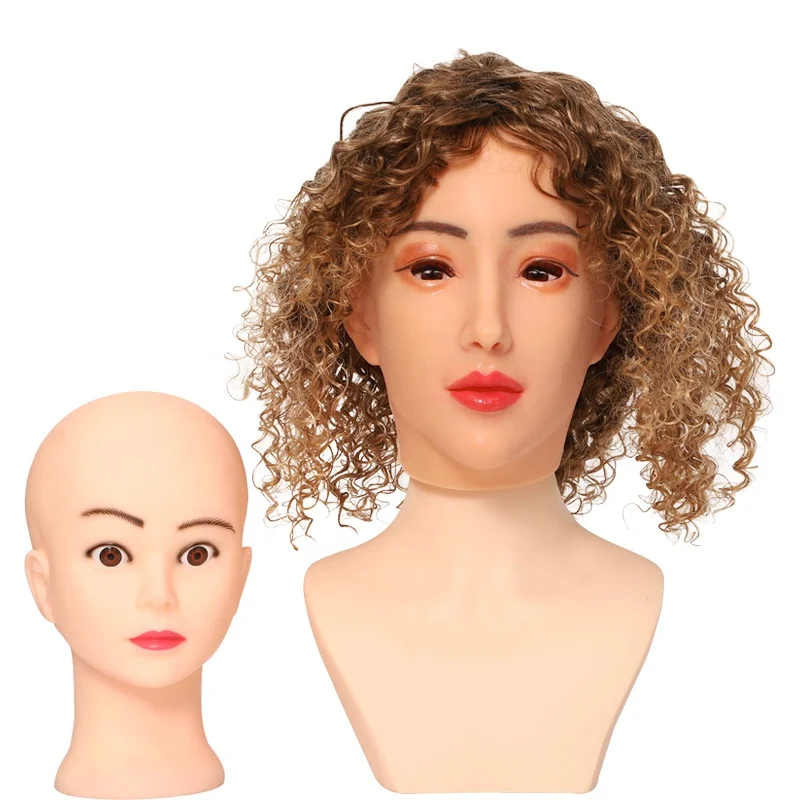 Party Festive Realistic Makeup Head Cover Mask Silicone Head Cover Full Mannequin Head Mask With Hair Wigs