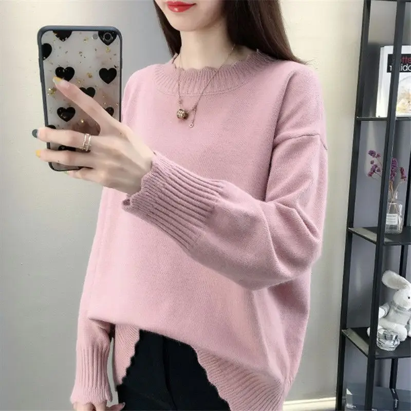 Women Autumn Winter Korean Loose Solid Color O-neck Long Sleeve Knitwear Ladies Fashion All-match Trend Knitting Bottoming Shirt