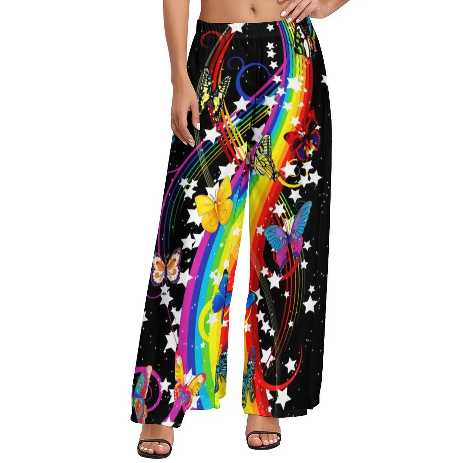 

Rainbow Butterflies Pants Abstract Digital Arts Casual Wide Leg Pants Female Oversize Beach Pattern Straight Trousers