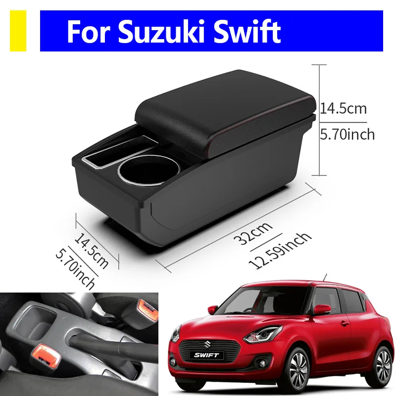 

Для Suzuki Swift автомобильные аксессуары для интерьера, ящик для хранения центральной консоли с отверстием для чашки, черный подлокотник из искусственной кожи, простая установка