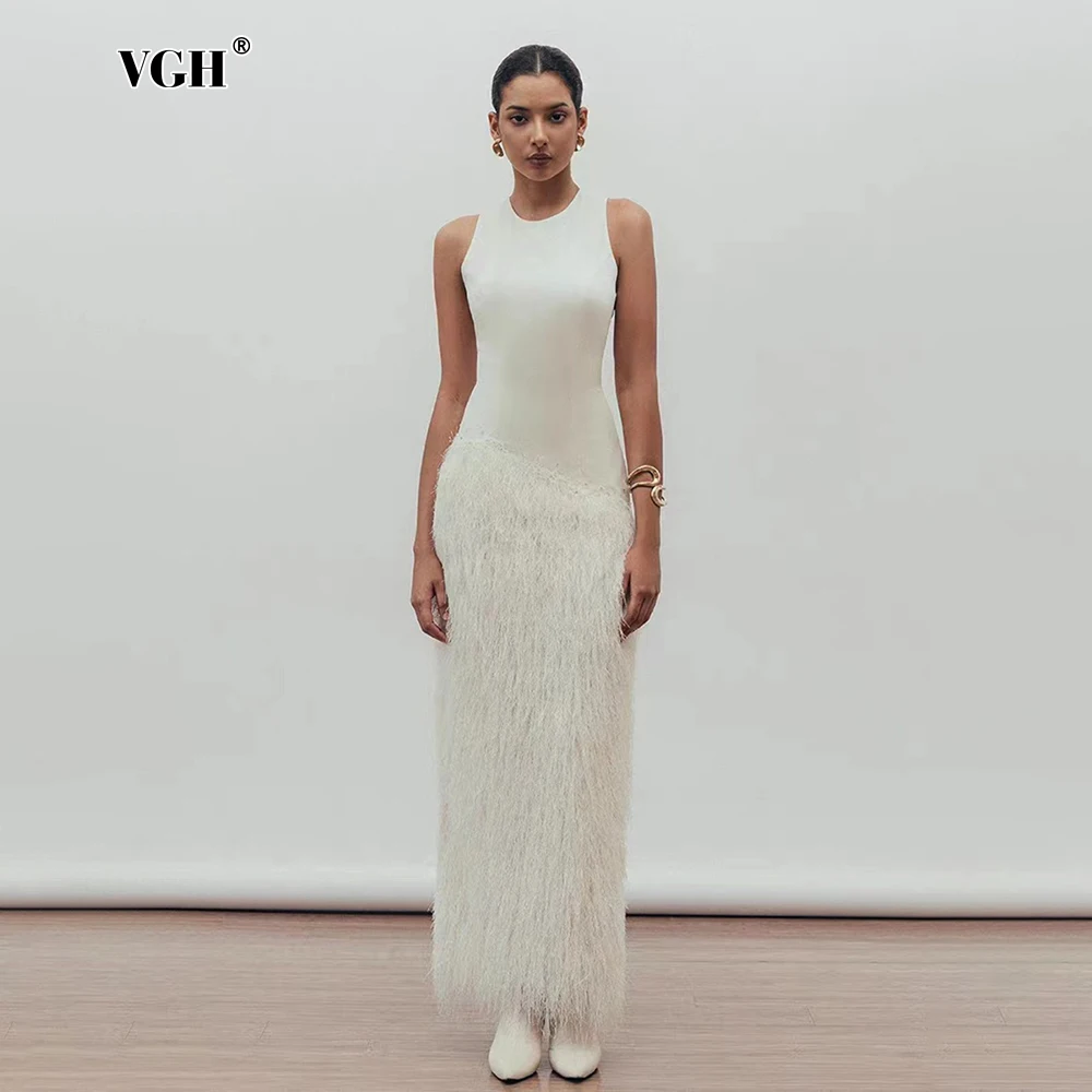 

VGH Elegant Spliced Tassel Bodycon Dresses for Women Round Neck Sleeveless High Waist Minimalist Sexy Slim Long Dress Female New