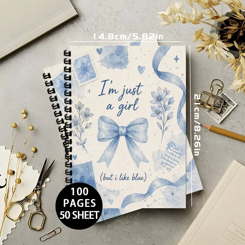 1PC A5 Spiral Notebook for Women, Watercolor Light Blue Bow Floral Aesthetic Notebook for Work, Meeting Notes, To Do List