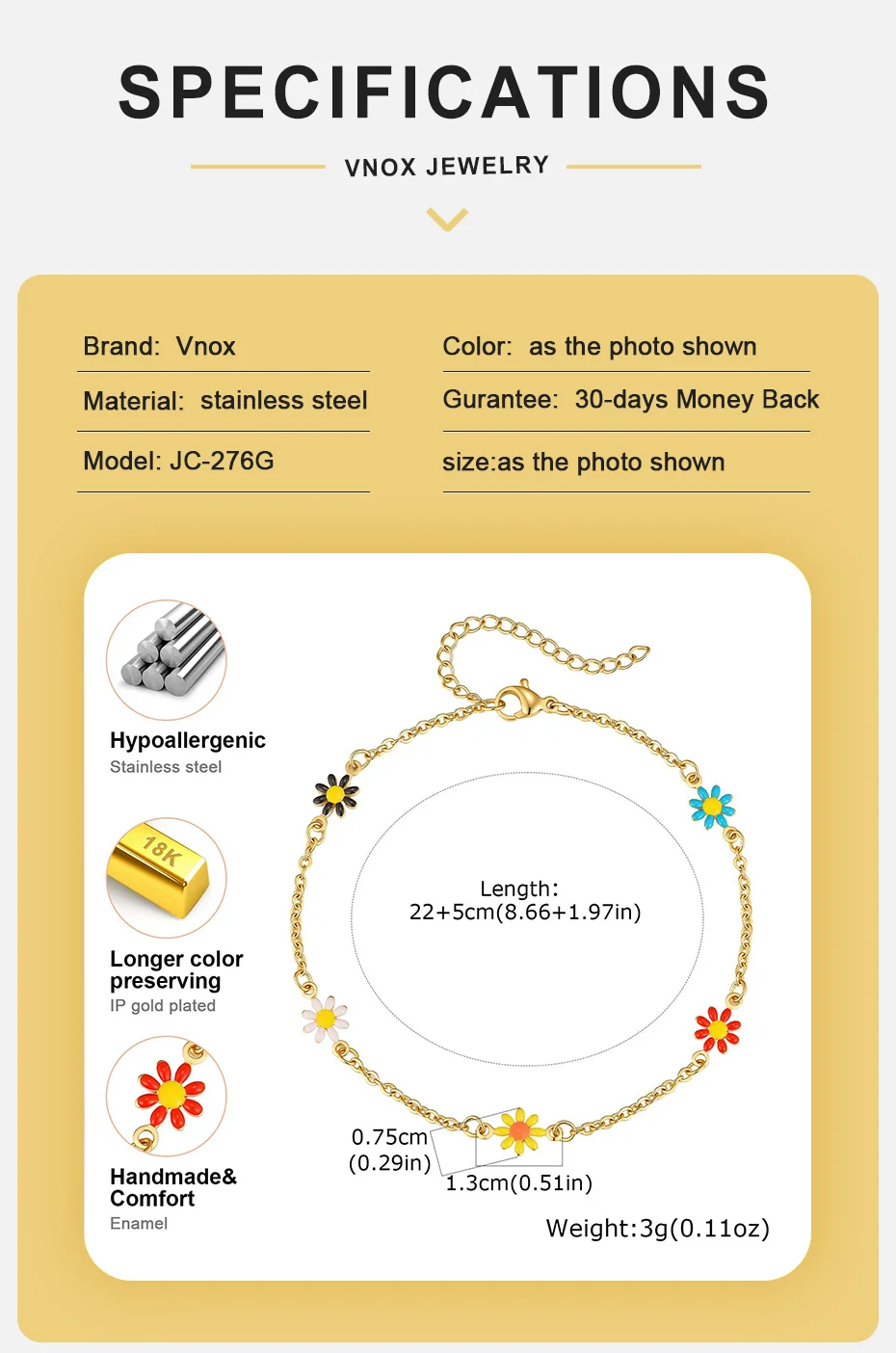 Vnox Edelstahl Buntes Gänseblümchen-Fußkettchen für Damen, Goldfarben Emaillierte Blumen-Fußkette Wasserfester Strandschmuck – Detail 4
