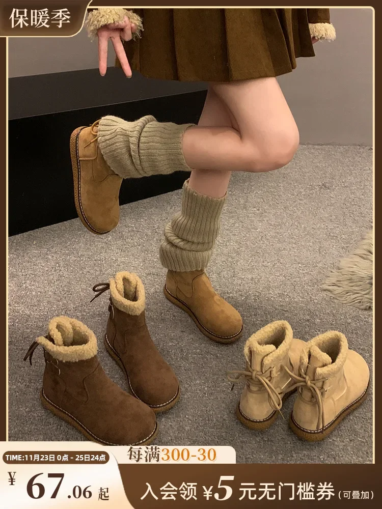 Zapatos de mujer botas cortas 2024 Otoño/Invierno nuevas botas de nieve informales de tacón bajo cálidas de terciopelo Retro Plus