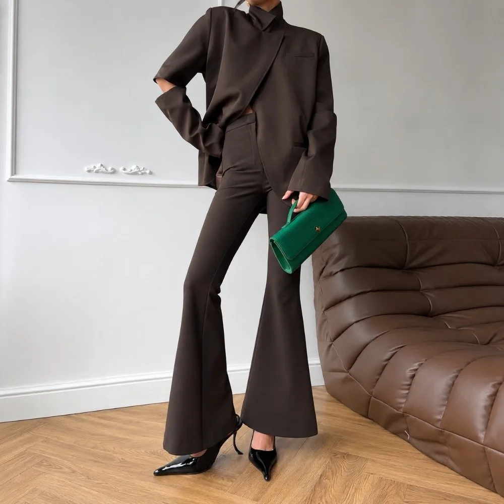 Brown Women Stand Collar Blazer Loose Fit Stand Collar Casual Blazer Outerwear Patch Pocket Long Sleeve Stand Neck Suit Coat