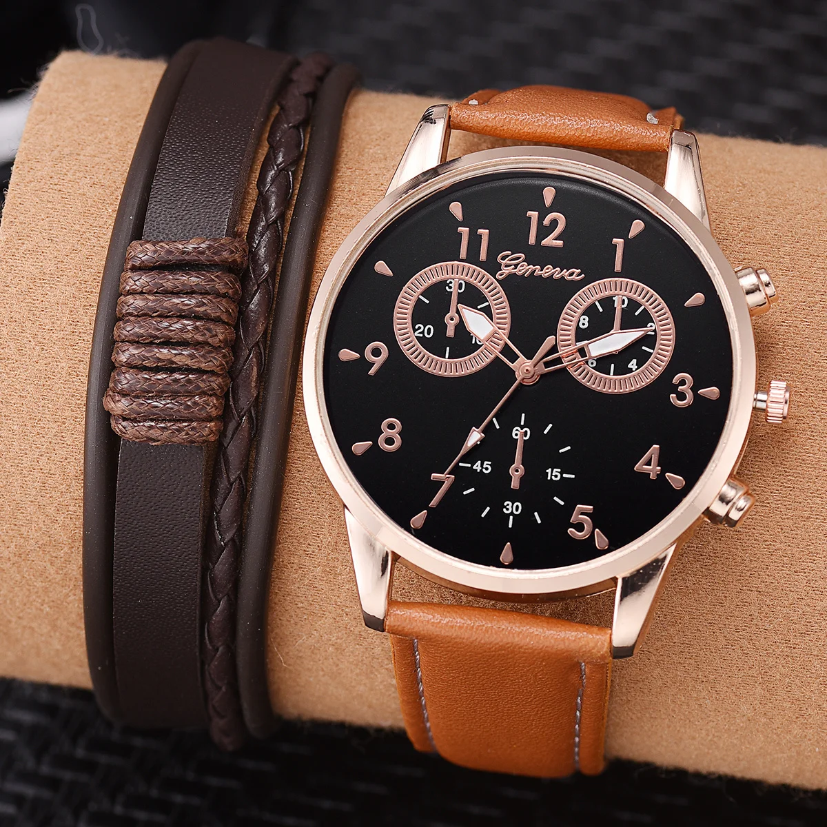 1set 1pc Fashion Fake Three Eyes Dial Casual Strap Large Dial Quartz Watch + 1pc Bracelet/ 1pc Bracelet