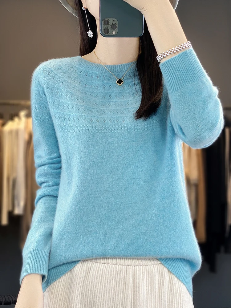 Women's Autumn Clothing O-Neck Hollow Out Pullover Sweater 100% Merino Wool Basic Casual Long Sleeve Cashmere Knitwear Tops 2024