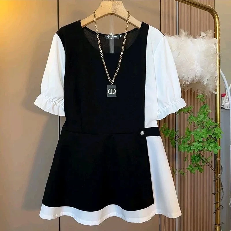 Plus Size Women's Shirt Slimming Patchwork Waist-Cinching Fake Two-Piece Summer New Style Fashionable Age-Defying Top Trendy