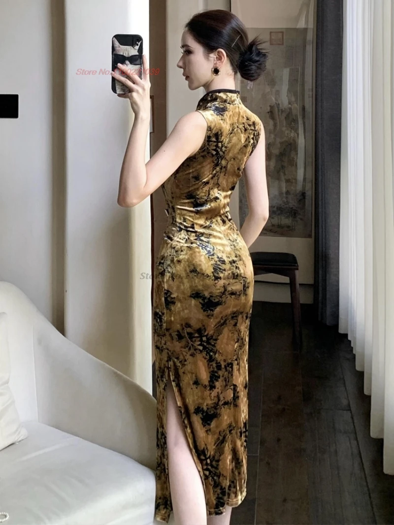 فستان سهرة صيني مثير من تشيباو مطبوع عليه زهور مخملي شيونغسام للحفلات الراقصة ملهى ليلي صيني تقليدي مثير بدون أكمام تشيباو #5