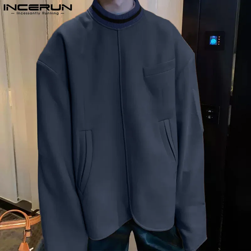 INCERUN Tops 2024 Korean Style Fashion Men Collar Contrast Color Pullovers Casual Streetwear Male Loose Long Sleeved Sweatshirts