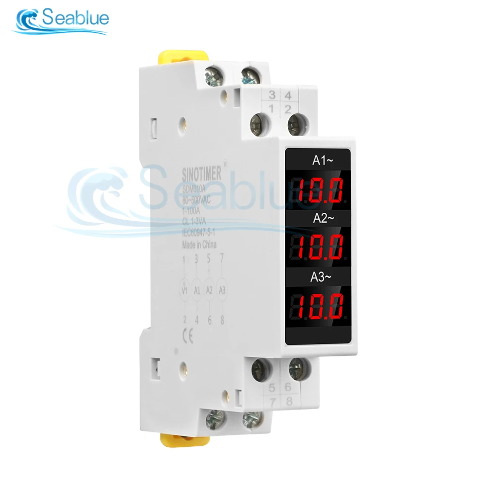 SDM010A Mini Din Rail LED Digital Display Three-Phase Modular Current Meter Gauge Indicator AC 80-500V 1-100A