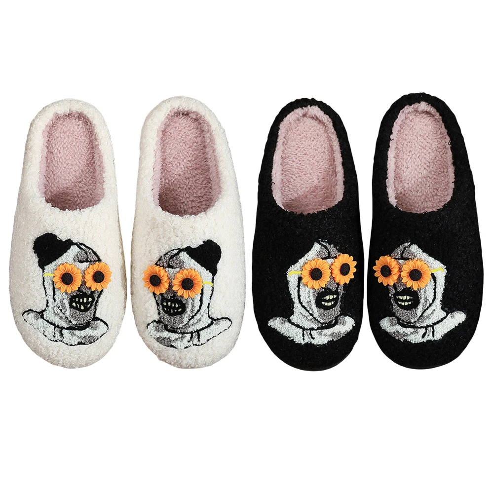 شباشب قطيفة للهالوين شباشب حرارية مسطحة شباشب مهرج مخيفة مريحة شرائح مهرج زجاجية عباد الشمس لغرفة النوم الداخلية #2