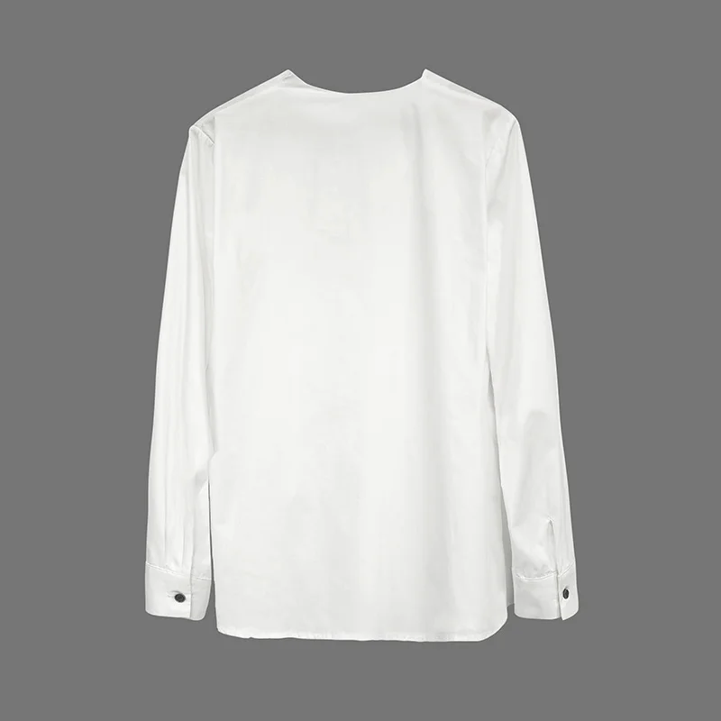 Onecozyday Button Split-joint Asymmetric T-shirt for Women 2026 Summer Fashion Long Sleeves T-shirt Solid White Casual Shirt Top