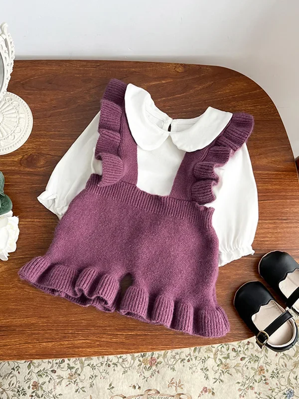 

2023 Korean Girls Baby Knitted Ruffles Overalls Pants Shorts Rompers ,fashion Kids Children Autumn Winter Clothes Knit Bodysuits