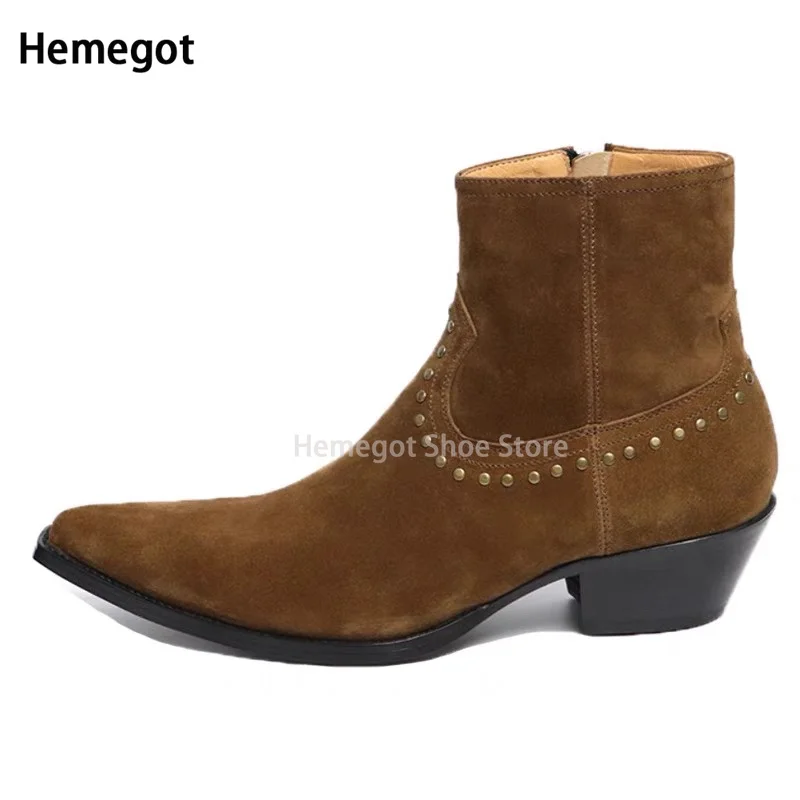 Riveted Brown Side Zipper Boots Men's Wedge Heel British Style Sanded Leather Ankle Boots Men Shoes Botas Hombre Zapatos Hombre