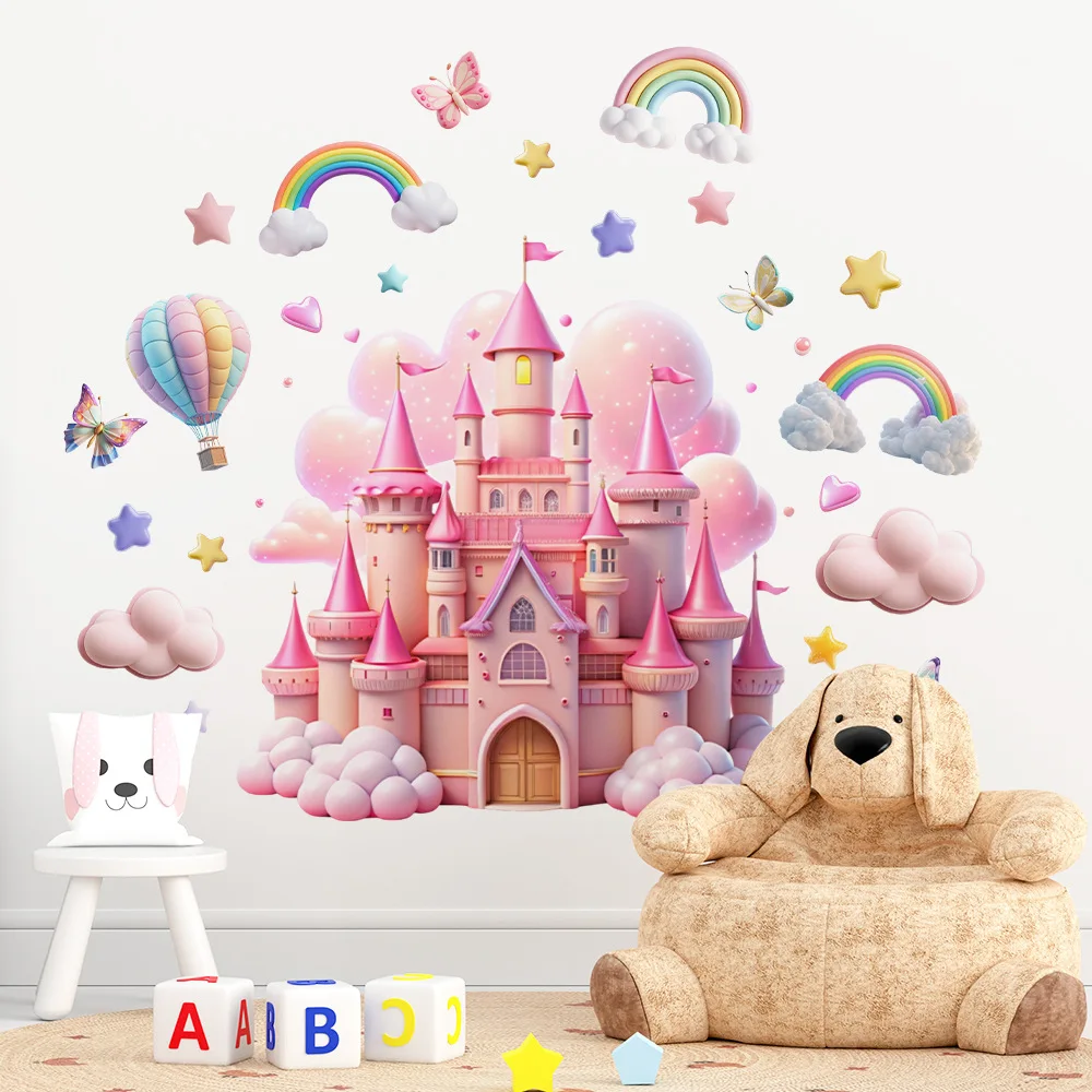 Magical Princess Castle Wall Decals, 3D Pink Rainbow Clouds Butterflies Wall Stickers, Removable Peel and Stick Nursery Decor