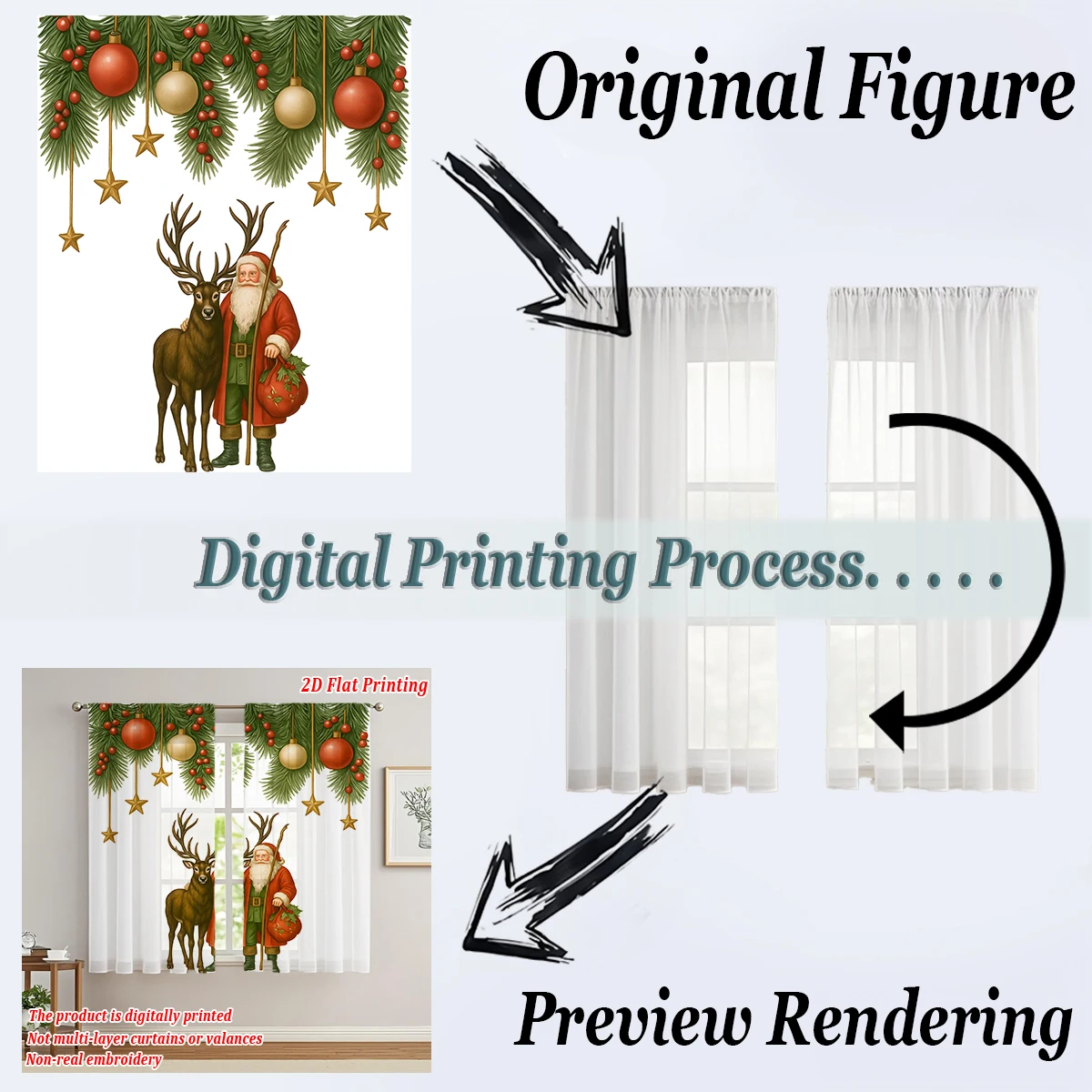 ستارة شفافة للمطبخ بطباعة مسطحة لعيد الميلاد مع كرة عيد ميلاد سعيد سانتا كلوز الرنة لحفلات ديكور المنزل في عيد الميلاد