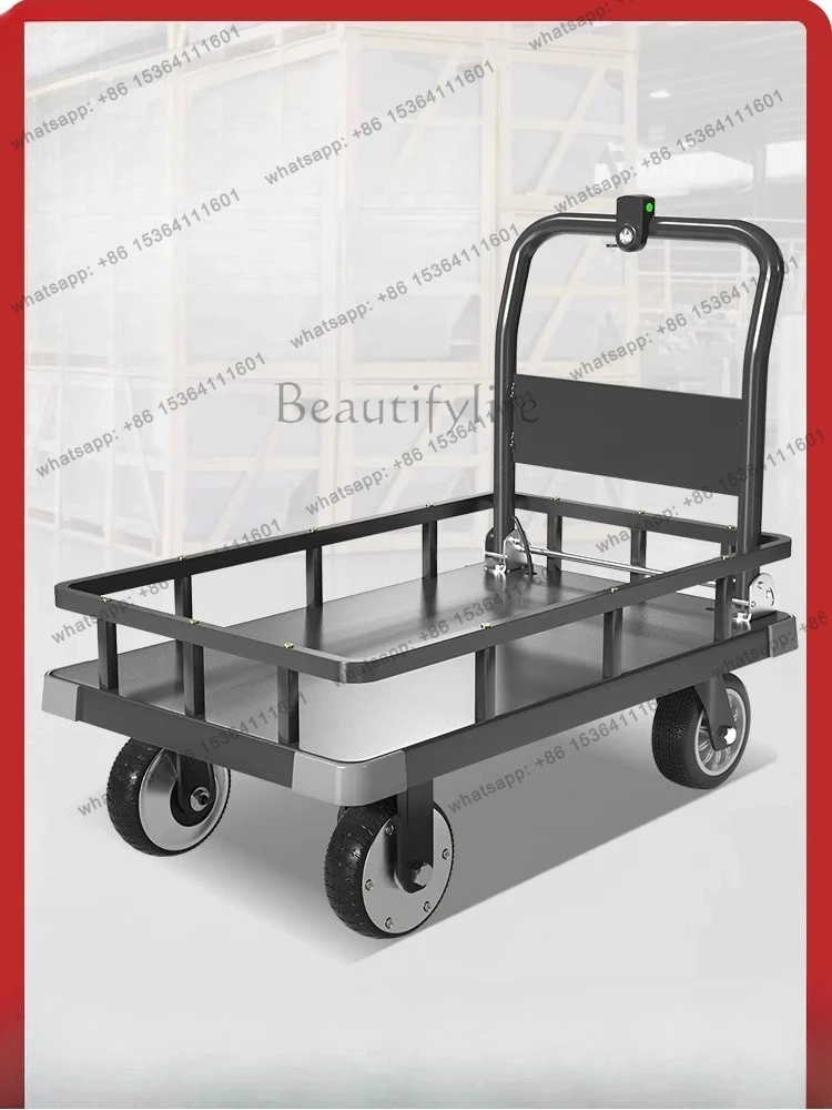 electric four-wheel flat trolley site handling trolley pulling goods trailer folding
