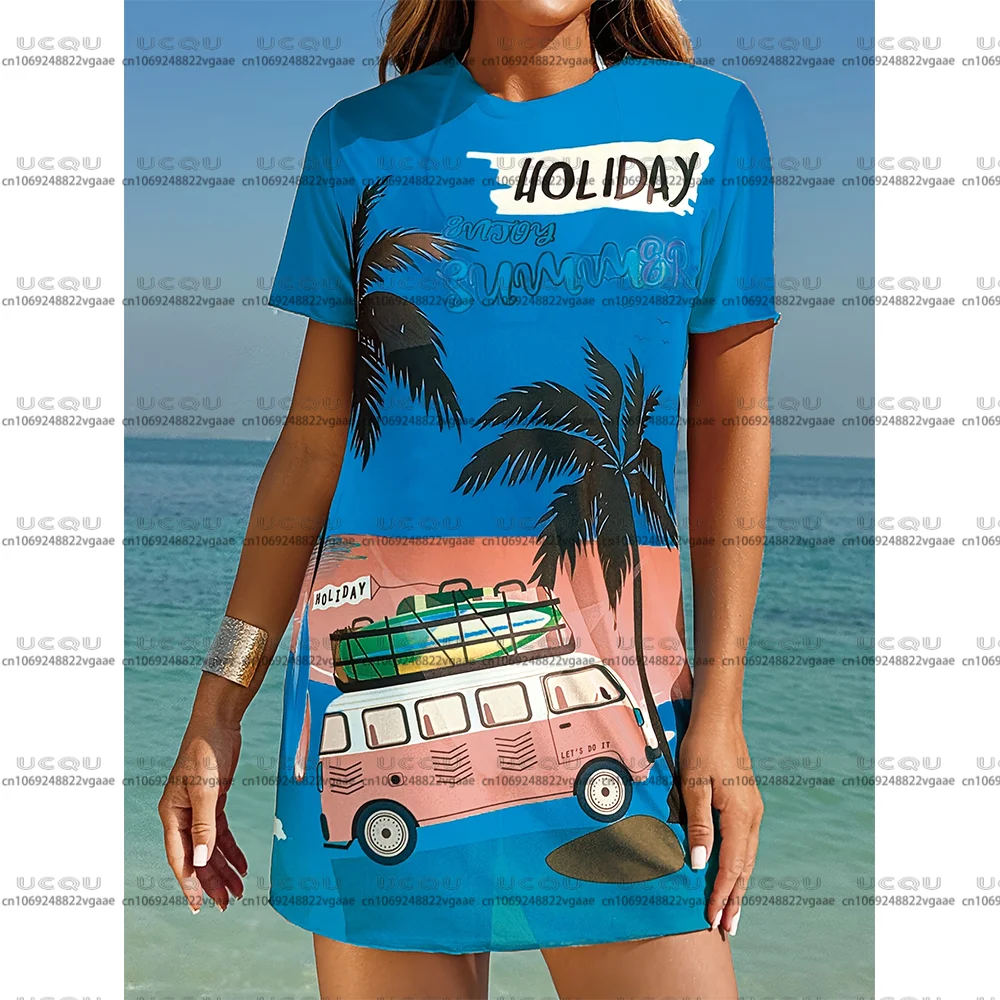 شاطئ البحر عطلة المرأة عادية جزيرة هاواي فستان قصير الأكمام تنورة الشاطئ تي شيرت تي شيرت هدية Y2k لينة ملابس خاصة في الهواء الطلق جديد
