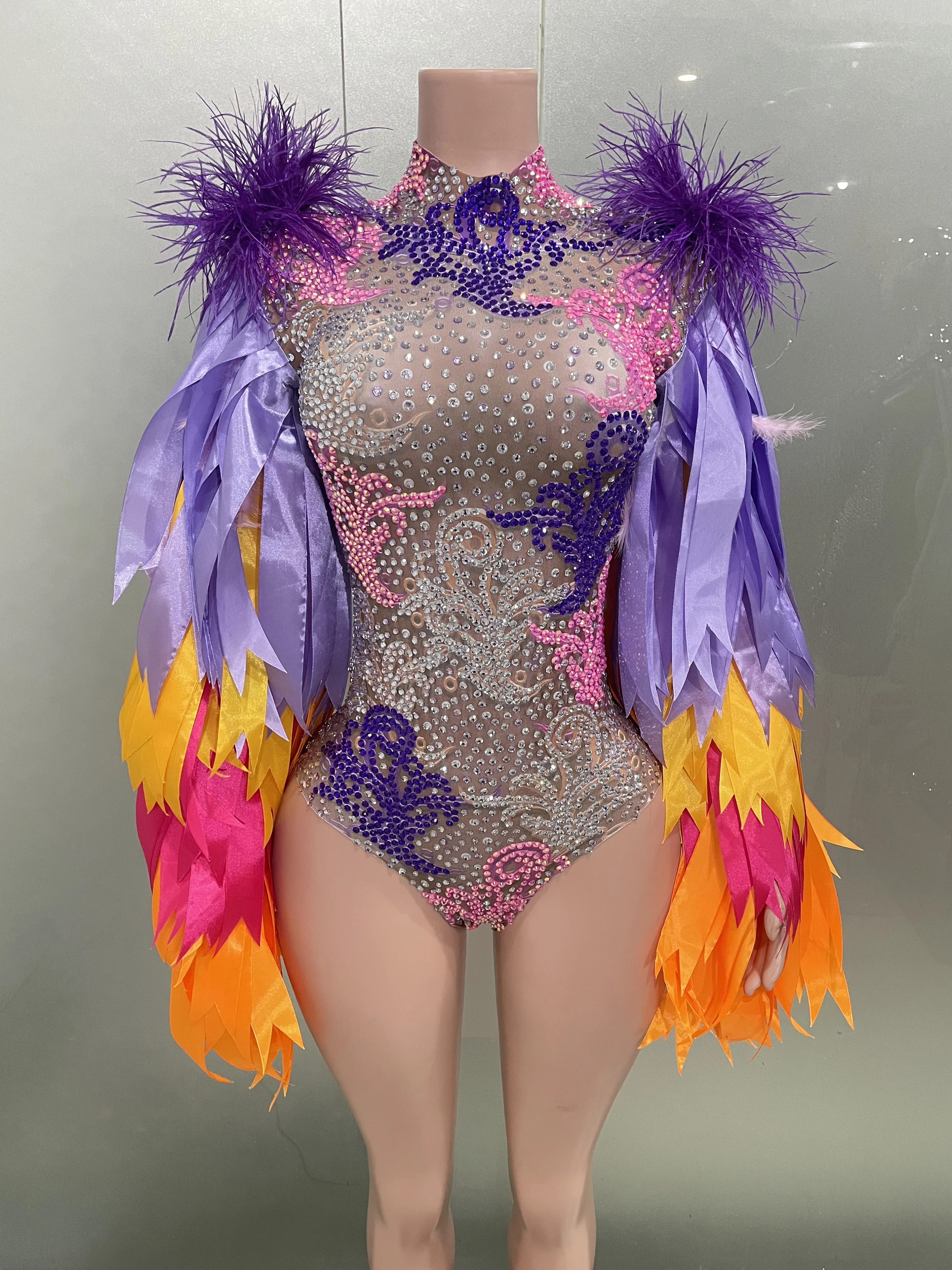 2025New Shining Rhinestone Ribbon Strip Feather Sleeve Bodysuit Women Nightclub Bar Party Outfit Stage Performance Dance Costume