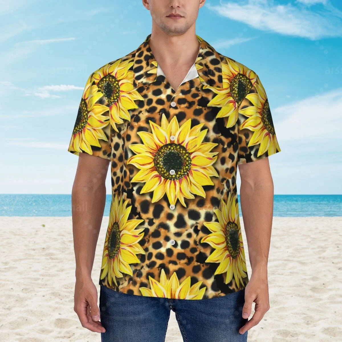 

Sunflower And Leopard Pattern Hawaiian Shirt Men Short Sleeve Casual Floral Print Beach Shirt Summer Vacation Shirt