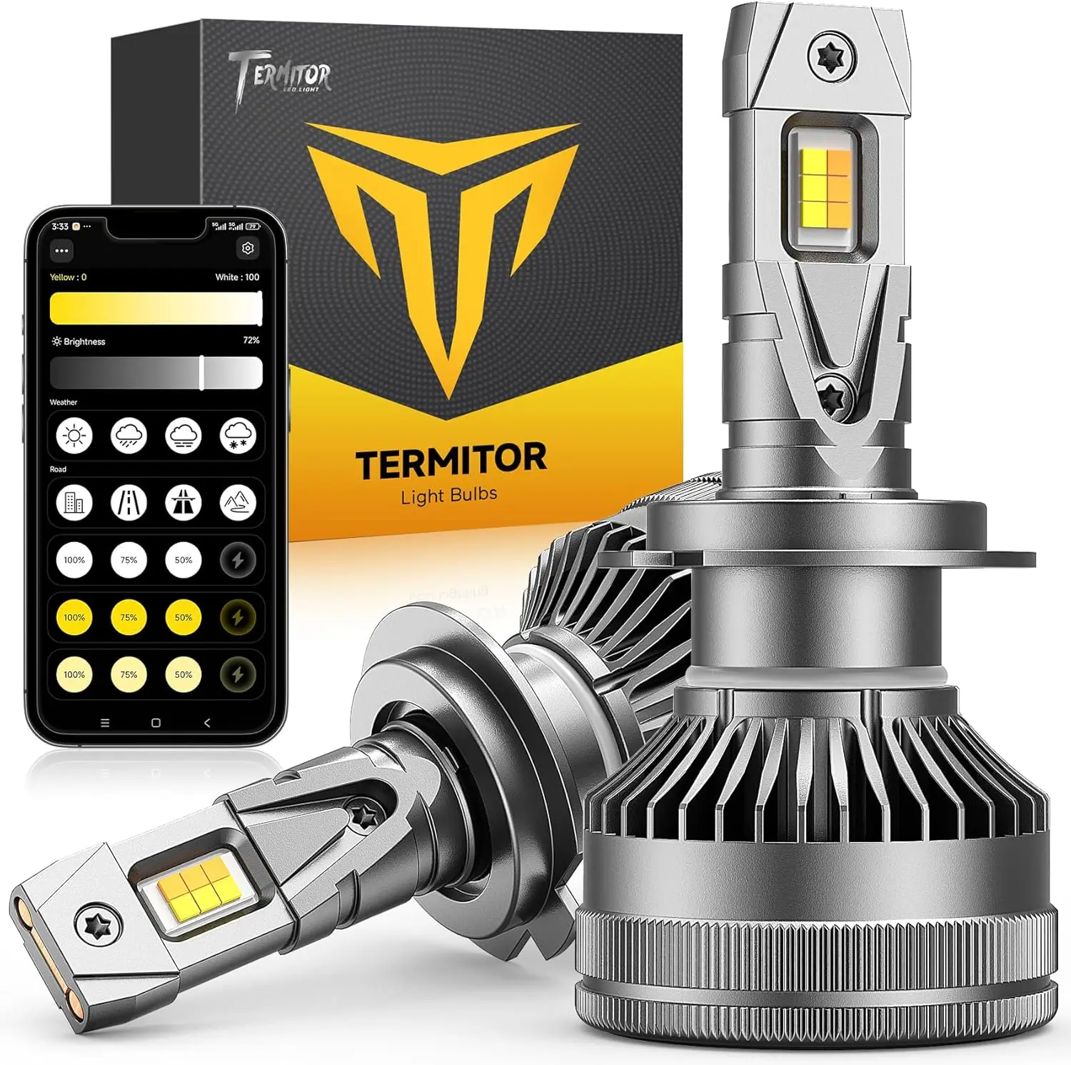 2PCS Headlight H7 LED Bulb 70000LM,Smart Bluetooth App-Controlled Dimming Color Temperature,3000K Yellow to 6500K Cool White